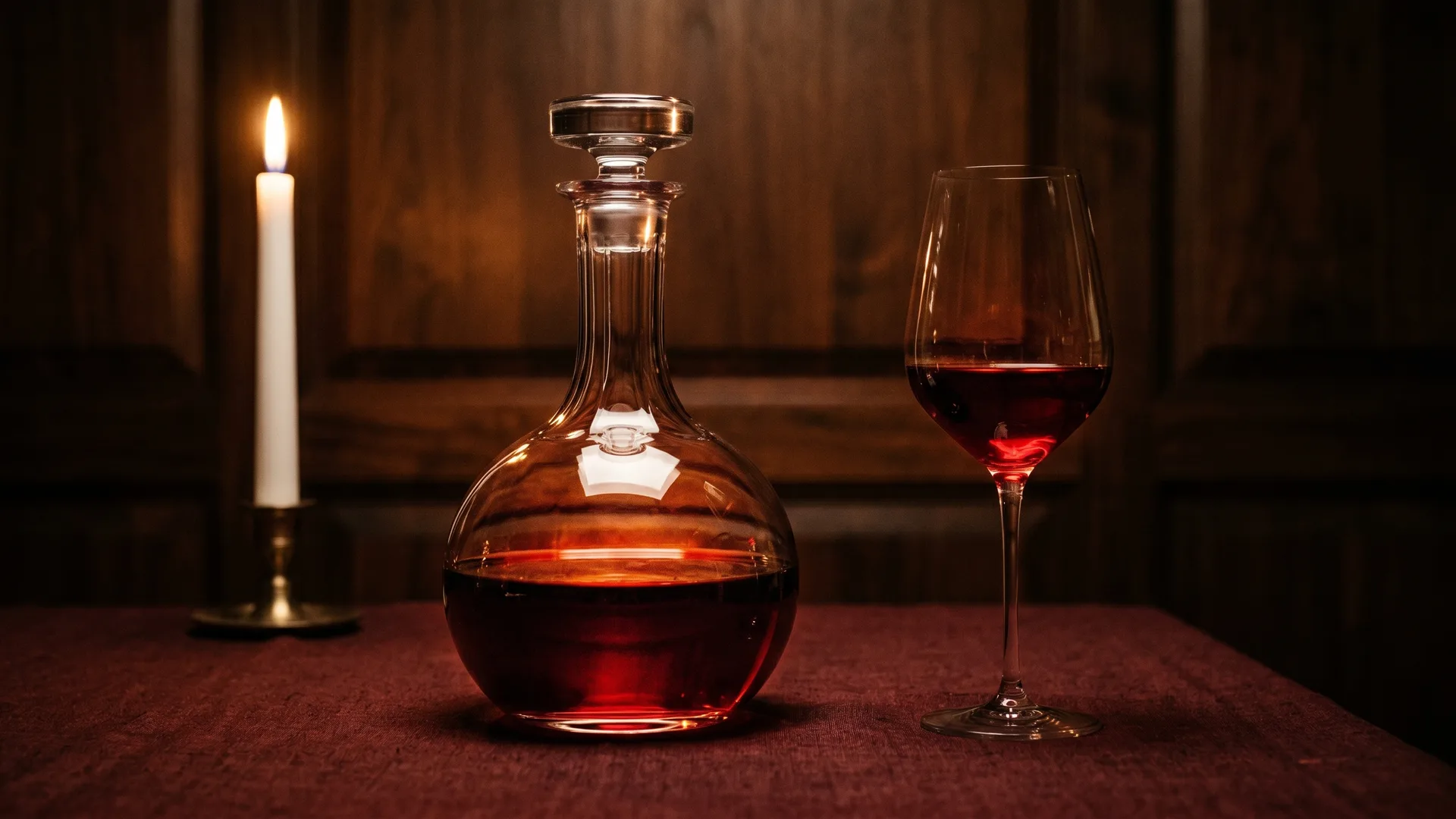 decanter and glass on dark linen, candlelit