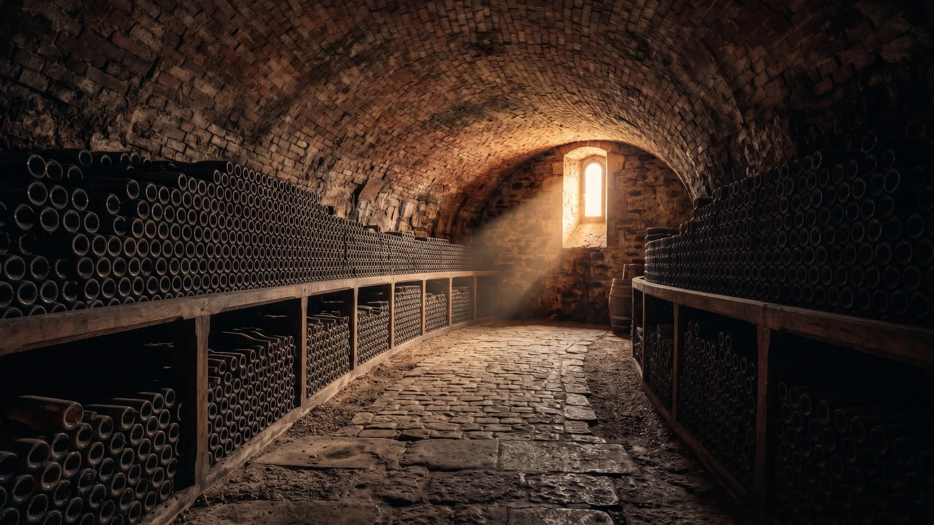 a wine cellar at golden hour, editorial photography