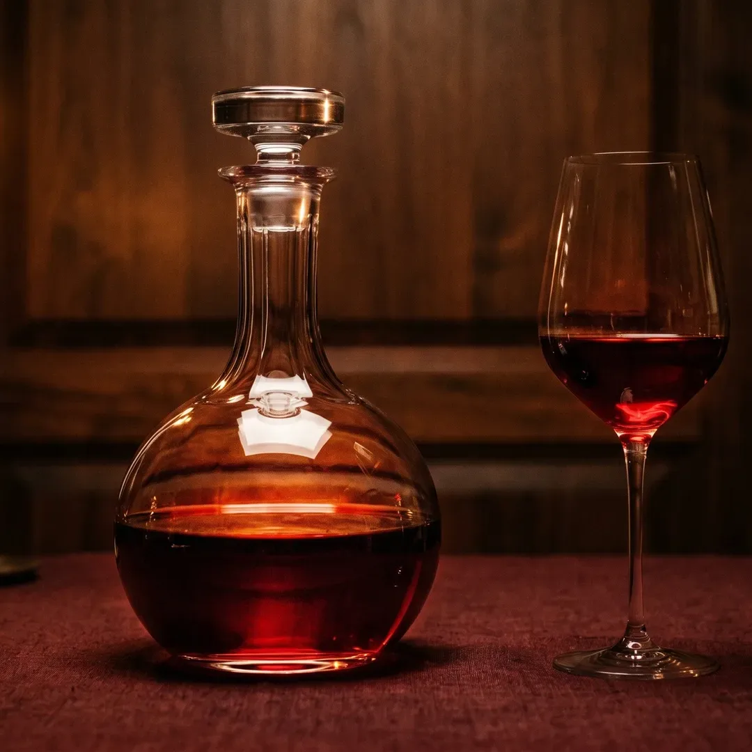 wine decanter and glass on burgundy linen, square crop