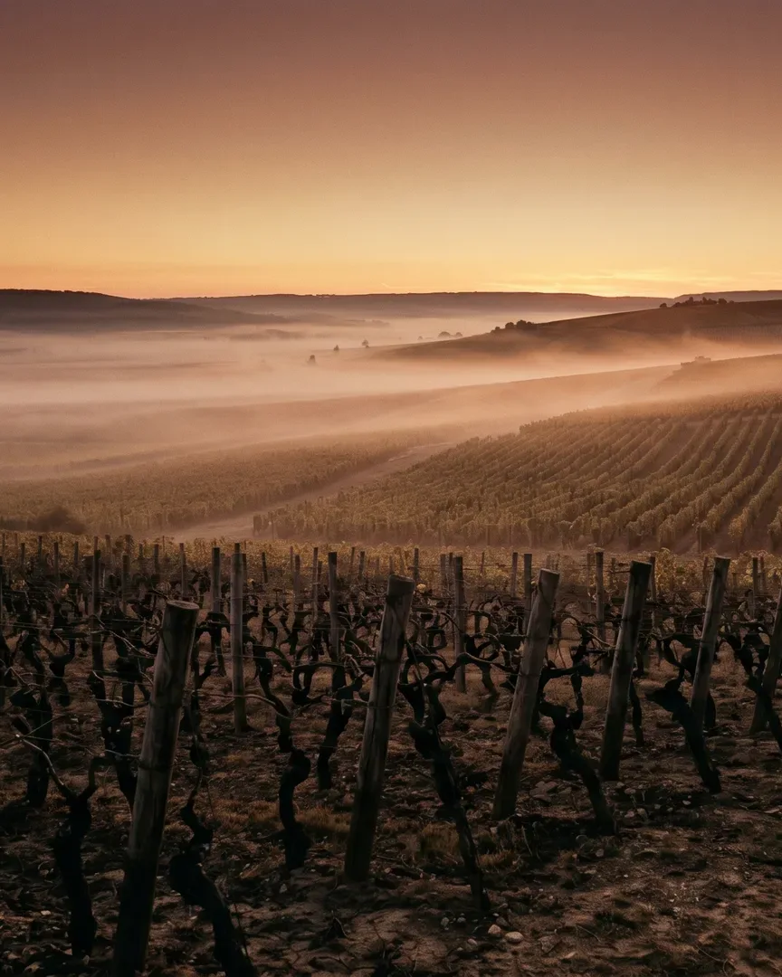 vineyard at dusk with rolling fog, vertical crop